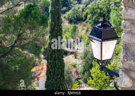 Little gecko sitting on a lantern in Eus, a beautiful village in southern France. Stock Photo