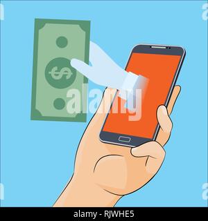 Hand gives money from smartphone screen, for business, web banners, sites design, Online bitcoin payment concept. Vector Illustration. Vector Illustra Stock Vector