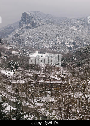 View to Olympus mountains covered in snow,  from Litohoro in Pieria Greece. Stock Photo