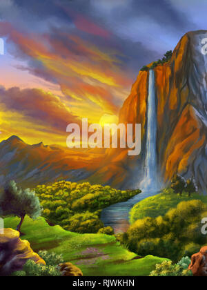 Magic Mountain Canvas Picture Waterfall Landscape Digital Art Fantasy Modern 