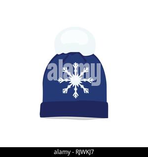 Vector illustration winter hat cap with snowflake and pompom  flat design Stock Vector