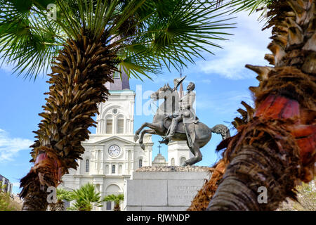 Andrew Jackson statue by sculptor Clark Mills, Jackson Square, city park with St Louis Cathedral in the background, New Orleans French Quarter, USA Stock Photo