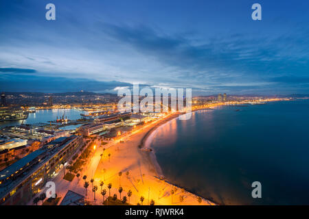 Aerial view of Barcelona Beach in summer night along seaside in Barcelona, Spain. Mediterranean Sea in Spain. Stock Photo