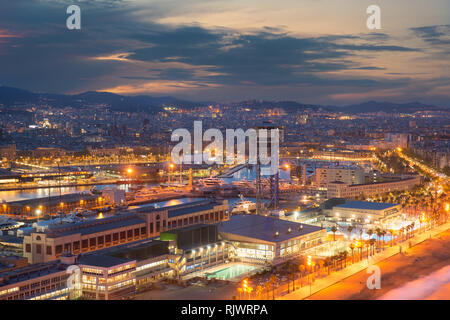 Top view of Barcelona city skyline during evening in Barcelona, Catalonia, Spain. Stock Photo