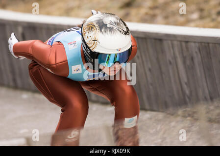 Ljubno, Slovenia. 07th Feb, 2019. Lea Lemare of France competes on qualification day of the FIS Ski Jumping World Cup Ladies Ljubno on February 7, 2019 in Ljubno, Slovenia. Credit: Rok Rakun/Pacific Press/Alamy Live News Stock Photo