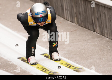 Ljubno, Slovenia. 07th Feb, 2019. Maren Lundby of Norway competes on qualification day of the FIS Ski Jumping World Cup Ladies Ljubno on February 7, 2019 in Ljubno, Slovenia. Credit: Rok Rakun/Pacific Press/Alamy Live News Stock Photo