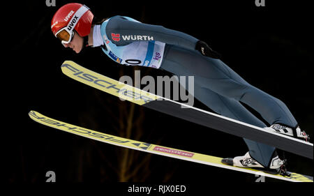 Ljubno, Slovenia. 07th Feb, 2019. Katharina Althaus of Germany competes on qualification day of the FIS Ski Jumping World Cup Ladies Ljubno on February 7, 2019 in Ljubno, Slovenia. Credit: Rok Rakun/Pacific Press/Alamy Live News Stock Photo