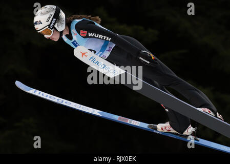 Ljubno, Slovenia. 07th Feb, 2019. Juliane Seyfarth of Germany competes on qualification day of the FIS Ski Jumping World Cup Ladies Ljubno on February 7, 2019 in Ljubno, Slovenia. Credit: Rok Rakun/Pacific Press/Alamy Live News Stock Photo