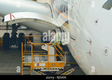 HONG KONG - NOVEMBER 03, 2015: The Airbus A380 of Singapore Airlines. Singapore Airlines Limited is the flag carrier of Singapore with its hub at Chan Stock Photo