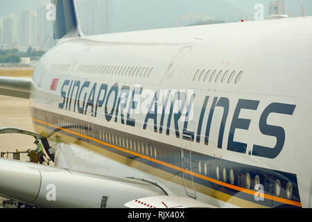 HONG KONG - NOVEMBER 03, 2015: The Airbus A380 of Singapore Airlines. Singapore Airlines Limited is the flag carrier of Singapore with its hub at Chan Stock Photo