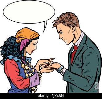 a Gypsy telling fortunes by hand to businessman. isolate on whit Stock Vector