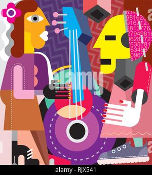 Musicians vector illustration. Woman playing guitar, man listening music. Stock Vector