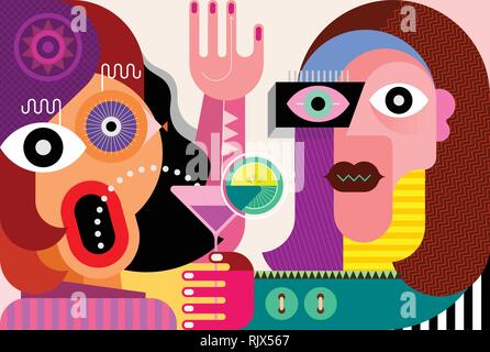 Woman with a hat drinking a Martini cocktail vector illustration. A man and a woman in a restaurant. A man treats a cocktail to his girlfriend. Stock Vector