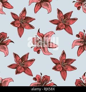 Seamless pattern with hand drawn colored lilies Stock Vector