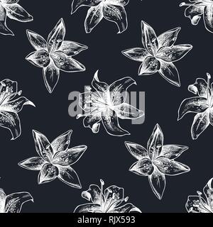 Seamless pattern with hand drawn chalk lilies Stock Vector