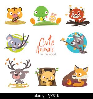 cute animals with scenery set Stock Vector