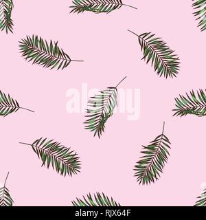 Seamless pattern with hand drawn colored coconut palm leaves Stock Vector