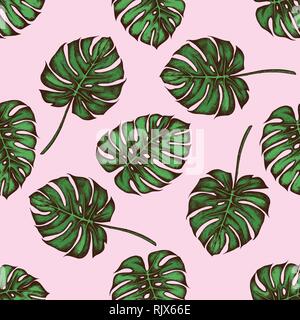 Seamless pattern with hand drawn colored monstera Stock Vector