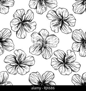 Seamless pattern with black and white protea, hibiscus Stock Vector