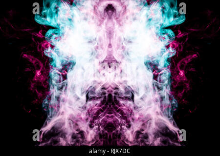 Thick colorful smoke of blue and pink  in the form of a skull, monster, dragon on a black isolated background. Background from the smoke of vape. Moca Stock Photo