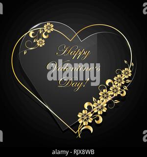 Gold floral heart and glass heart on dark background. Stock Vector