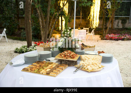 vertical closeup of an outdoor party spring buffet with lights in the garden Stock Photo