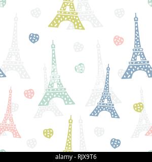 Seamless pattern Paris. French vector background with Eiffel Tower and hearts Stock Vector