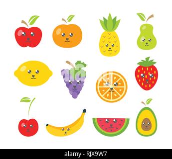Cute fruits in trendy kawaii style on white background Stock Vector