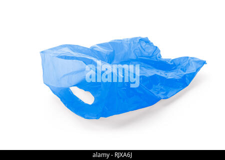 Floating empty blue plastic garbage bag isolated on white background, clipping path around the bag, not around the cast shadow, included. Stock Photo