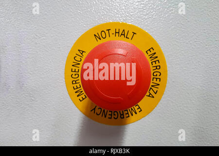 Red button / Text: Emergency stop Stock Photo