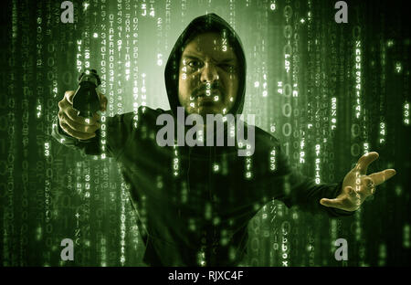 Masked and armed anonymous hacker breaking in cyber security cloud data concept  Stock Photo