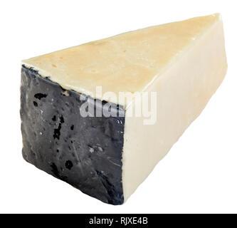 Slice of Pecorino Romano cheese with black wax, viewed in close-up and isolated on white background Stock Photo