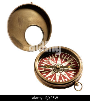 Old vintage compass isolated on white background, viewed in close-up Stock Photo