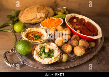 Hummus and falafel on a silver tray Stock Photo