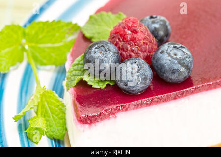 Cheesecake with the fresh raspberries and blueberries Stock Photo