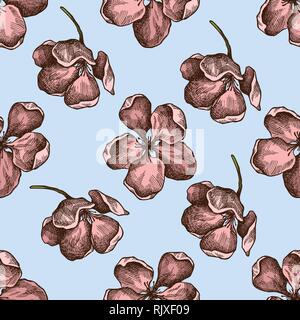 Seamless pattern with hand drawn colored apple flowers Stock Vector