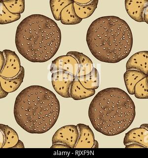 Seamless pattern with hand drawn colored buns and bread Stock Vector