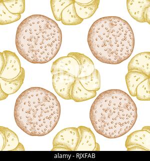 Seamless pattern with hand drawn pastel buns and bread Stock Vector
