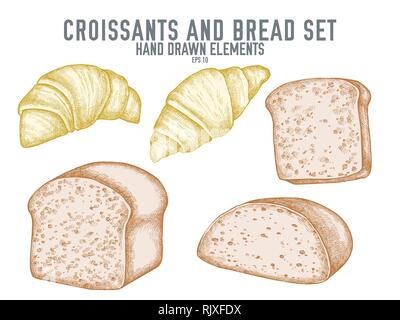 Vector collection of hand drawn pastel croissants and bread Stock Vector