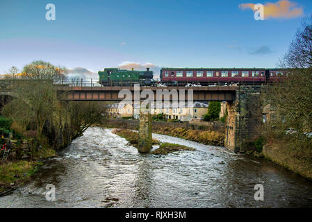 GWR tank engine on the East Lancashire railway. Brooksbottom viaduct river Irwell. Stock Photo