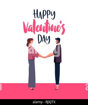 Happy Valentines Day card illustration. Young couple holding hands, Romantic date concept of boyfriend and girlfriend in love with holiday text quote. Stock Vector