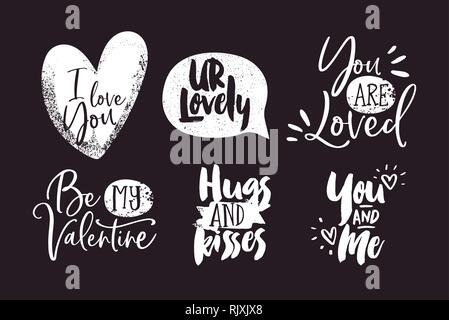 Valentines Day calligraphy text quote collection. Set of hand drawn black and white doodle typography with cute love messages on isolated background. Stock Vector