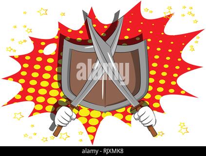 Vector cartoon hands holding two swords with shield. Illustrated sign on comic book background. Stock Vector
