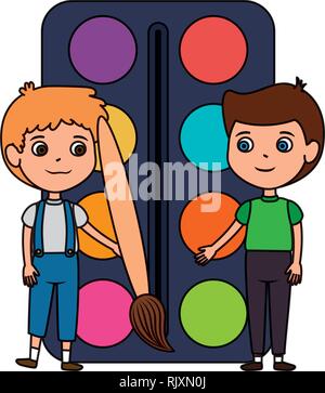little boys students with paint colors characters Stock Vector