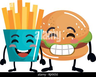 delicious burger with french fries kawaii character Stock Vector