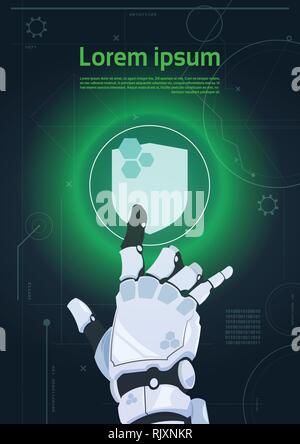 Robotic Hand Touch Shield Button On Digital Monitor Web Security And Protection Concept Banner With Copy Space Stock Vector
