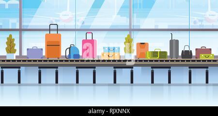 Different Suitcases On Baggage Conveyor Belt In Airport Stock Vector