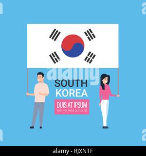 Young Couple Holding Korean Flag South Korea Man And Woman Stock Vector