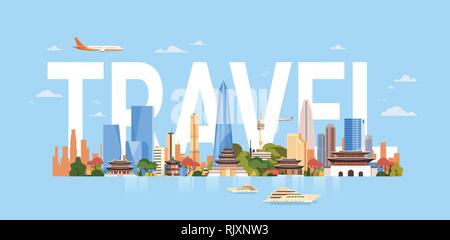 Travel To South Korea Seoul City Background With Skyscrapers And Landmarks Symbols Modern Korean Cityscape Stock Vector