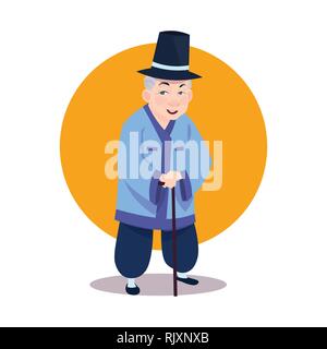 Old Asian Man Wearing Traditional Korean Costume Senior Grandfather With Stick In National Korea Clothes Stock Vector
